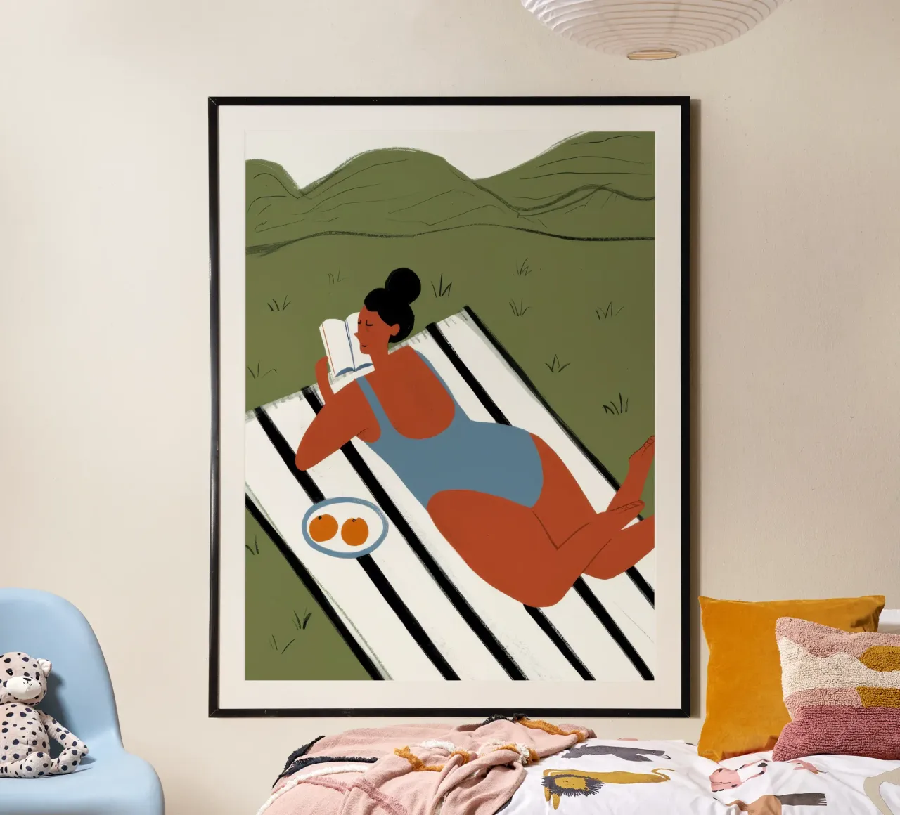 Siesta per bagnanti a righe poster con telaio in plastica da Mossy Pigment