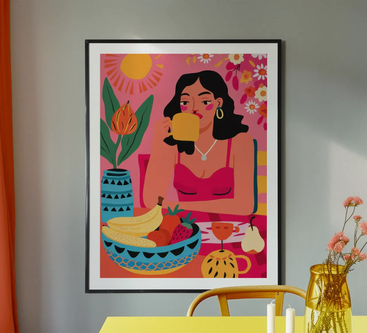 Sole e banane poster con telaio in alluminio da Lune Dreams