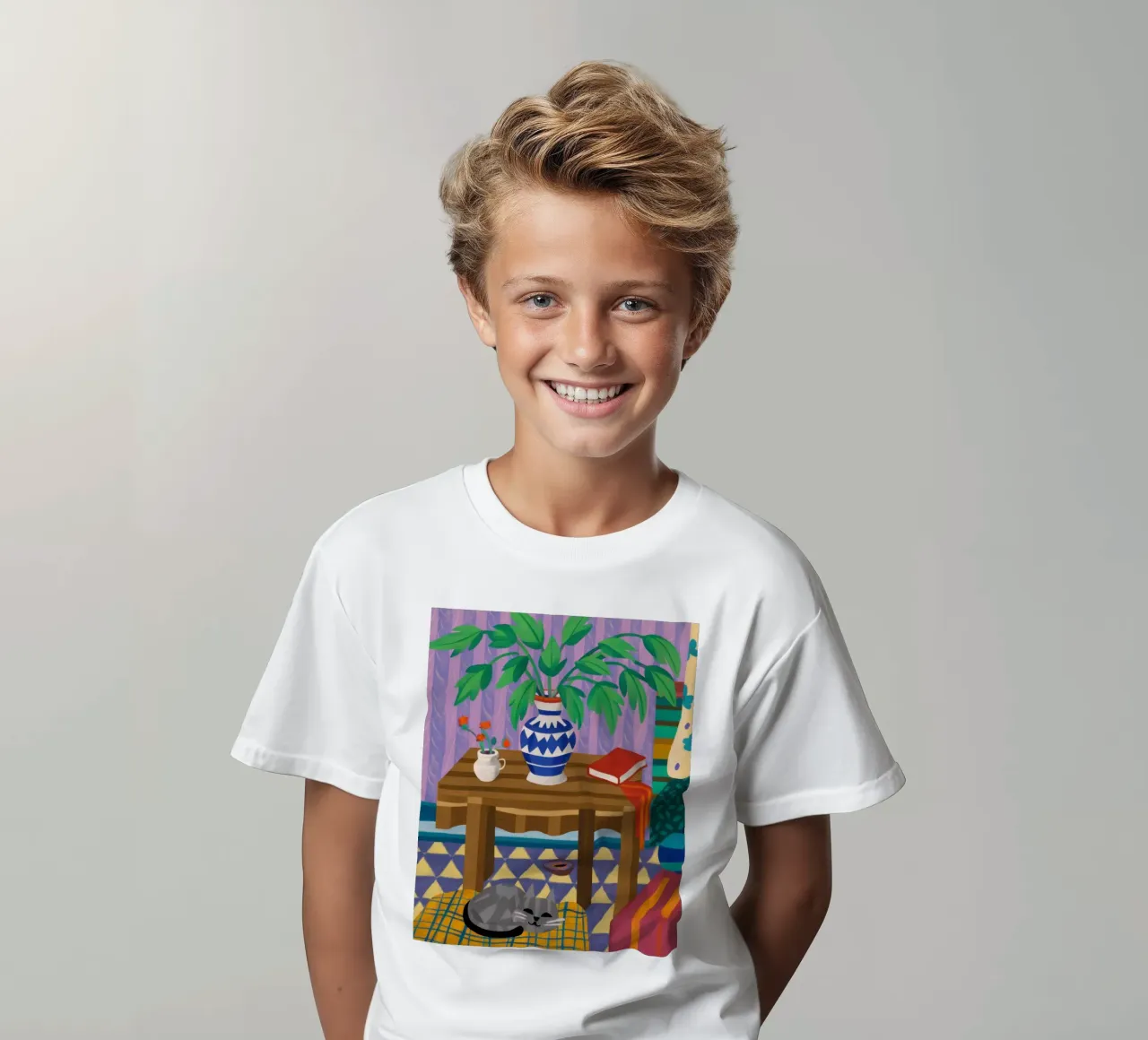 Under Table Feline Slumber kids t-shirt by Arcane Lines