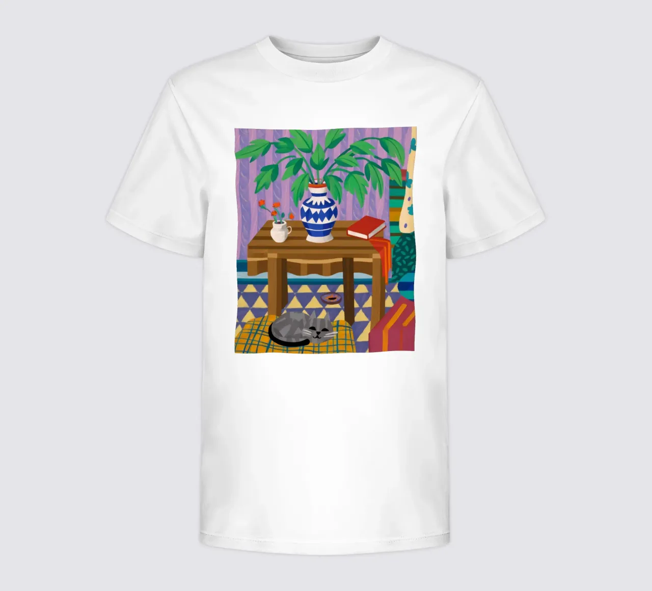 Under Table Feline Slumber kids t-shirt by Arcane Lines