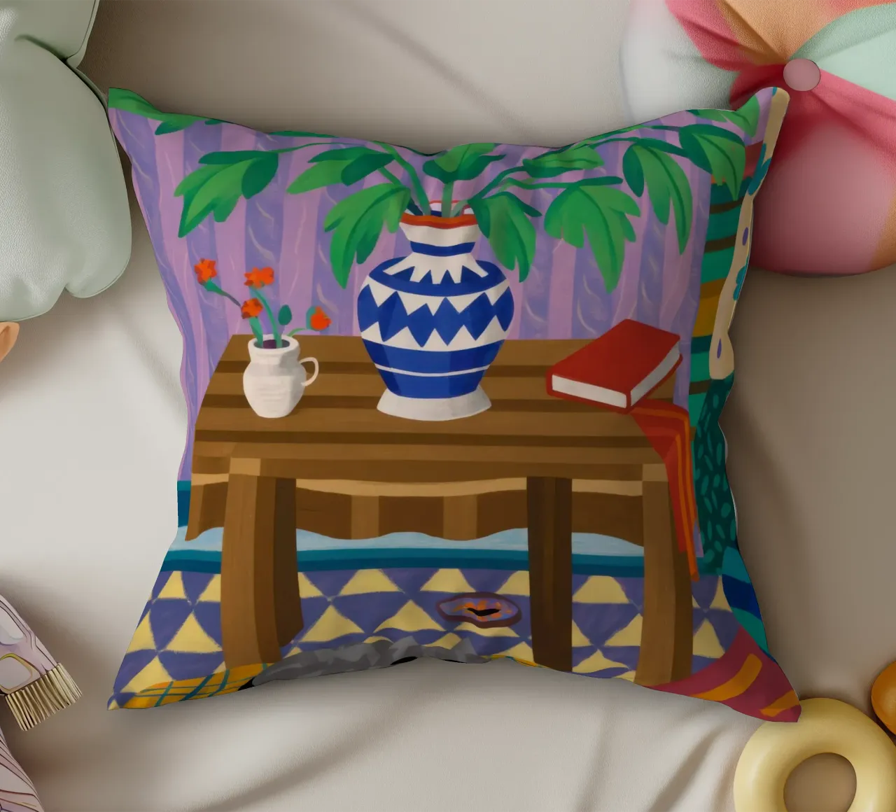 Under Table Feline Slumber decorative cushion by Arcane Lines