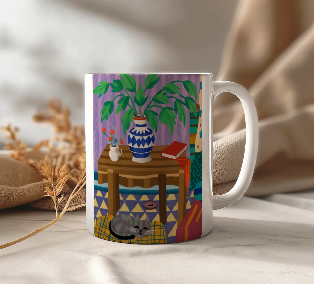 Under Table Feline Slumber ceramic mug by Arcane Lines