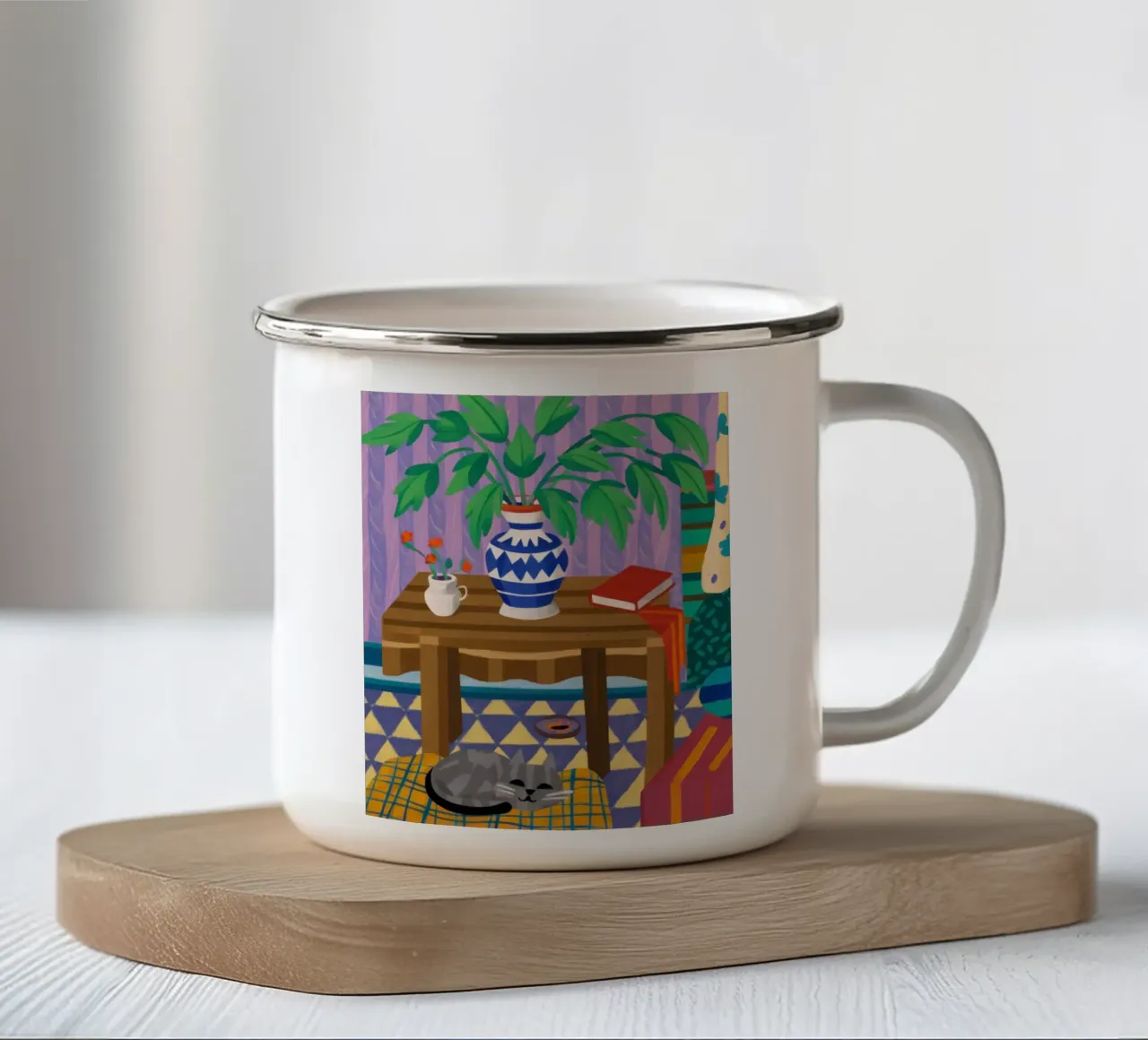 Sonno felino sotto il tavolo tazza in smalto da Arcane Lines