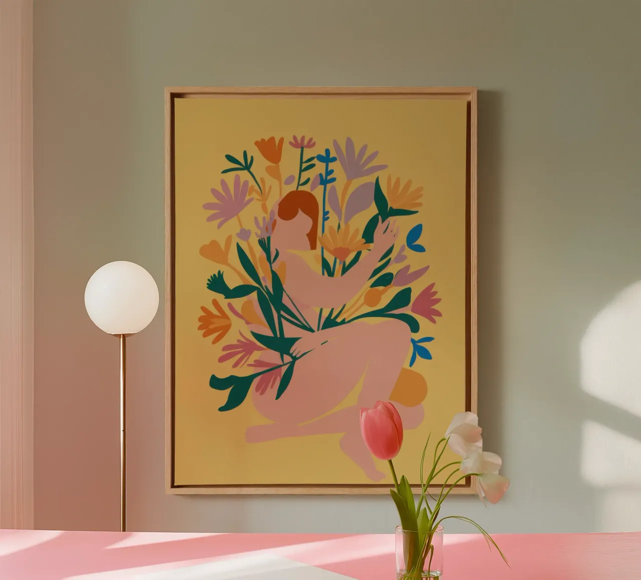 Etherische bloemen omhelzing canvas met Baklijst van Mossy Pigment