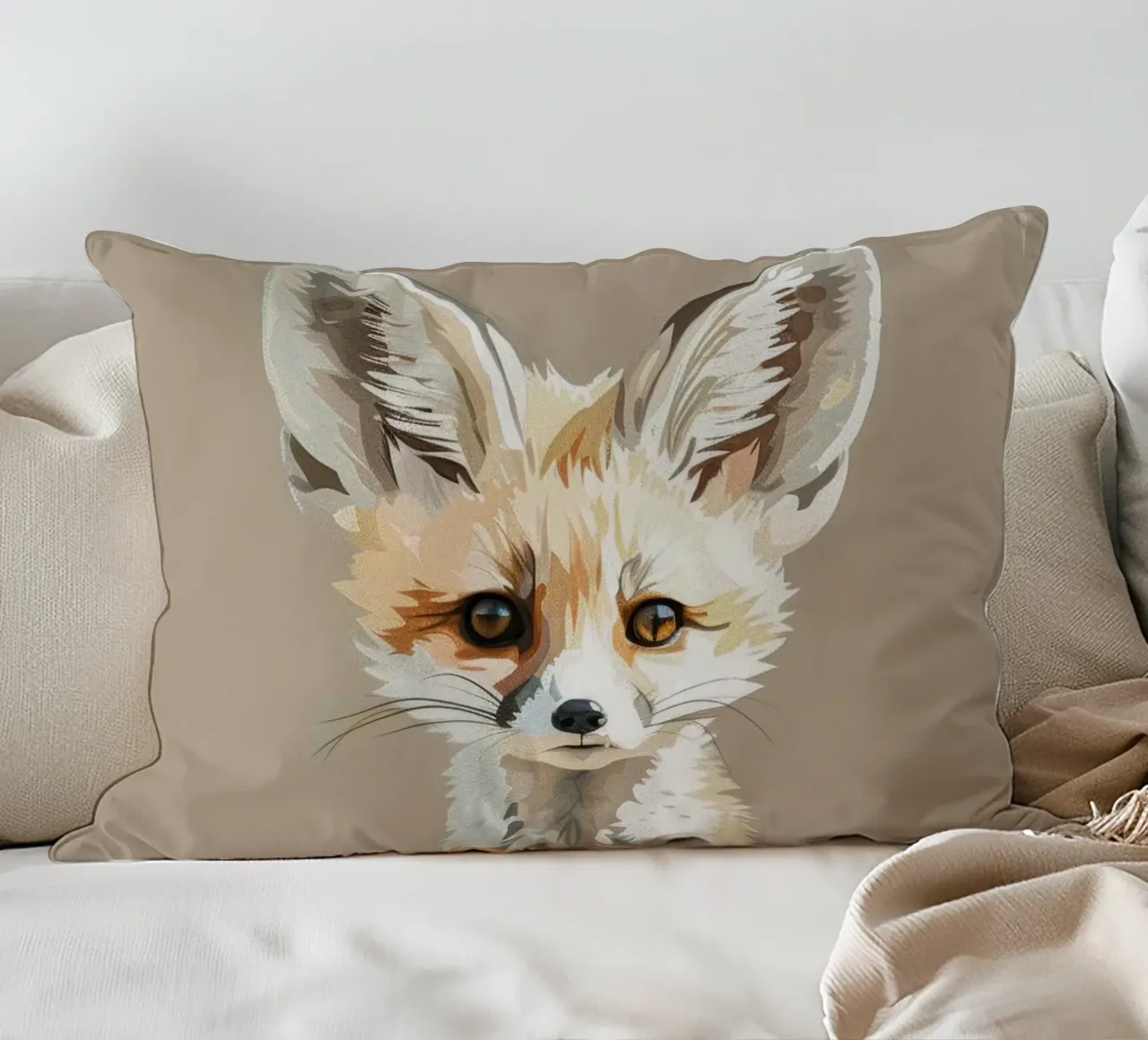 Young fennec fox with oversized ears sitting patiently decorative cushion by DesignDoodle