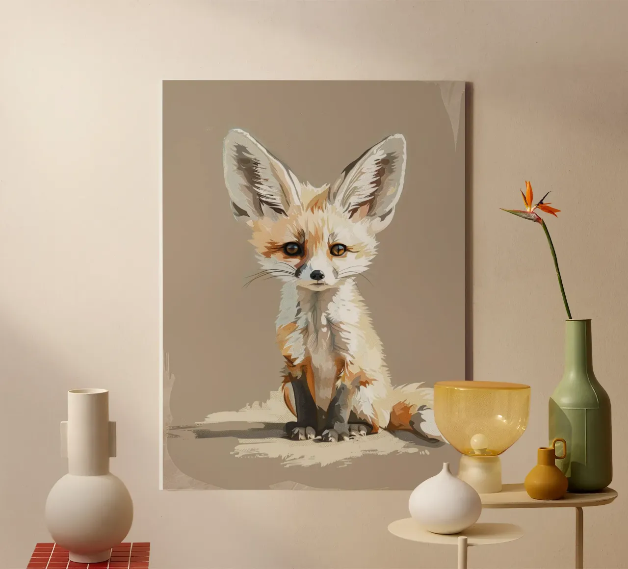 Junger Fennec-Fuchs mit übergroßen Ohren sitzt geduldig Leinwand von DesignDoodle