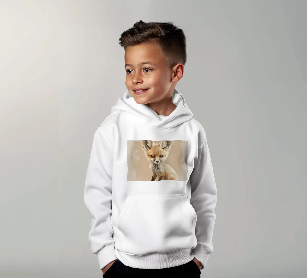 Volpe fennec artisticamente con grandi orecchie espressione concentrata felpa bambino con cappuccio da DesignDoodle