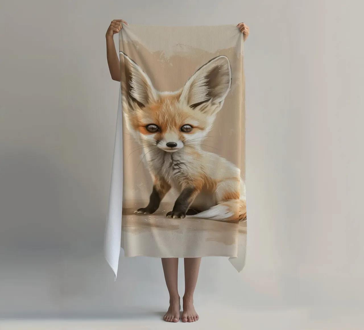 Volpe fennec artisticamente con grandi orecchie espressione concentrata telo mare da DesignDoodle