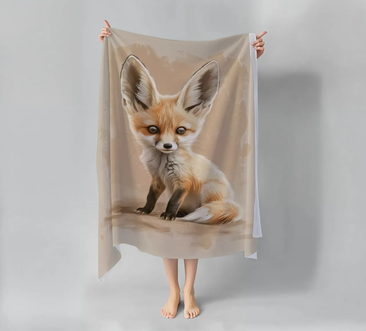 Volpe fennec artisticamente con grandi orecchie espressione concentrata telo mare da DesignDoodle