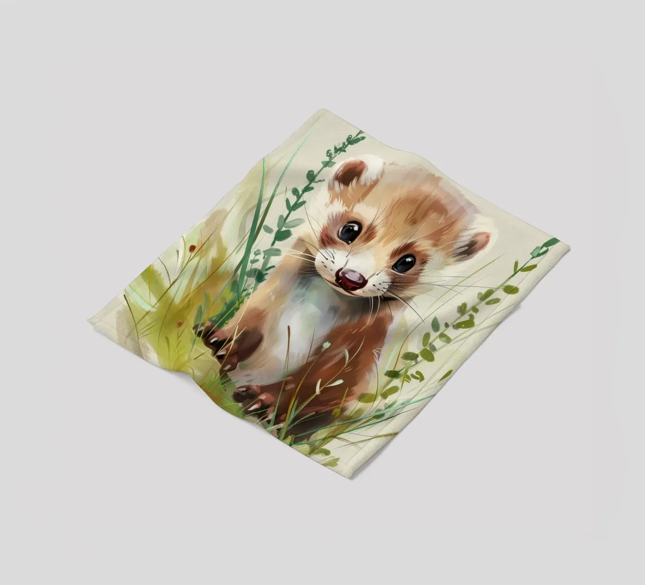 Una giovane e simpatica martora che esplora l'erba verde e lussureggiante coperta in pile da DesignDoodle