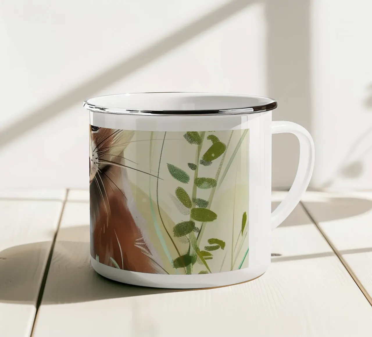 Una giovane e simpatica martora che esplora l'erba verde e lussureggiante tazza in smalto da DesignDoodle