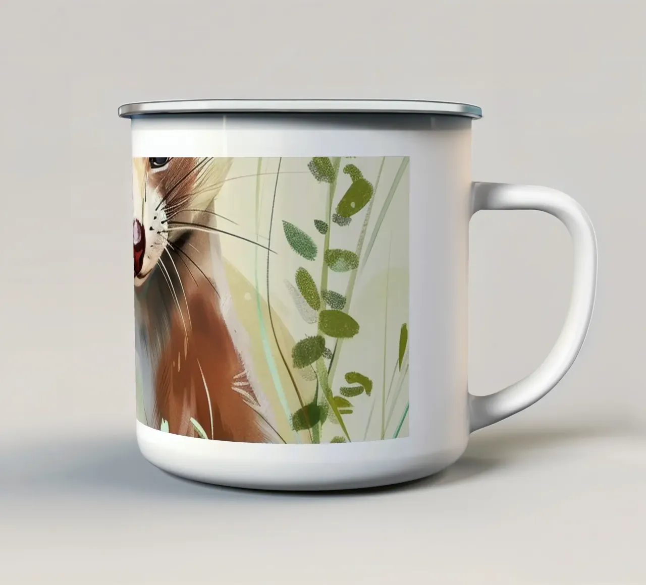Una giovane e simpatica martora che esplora l'erba verde e lussureggiante tazza in smalto da DesignDoodle