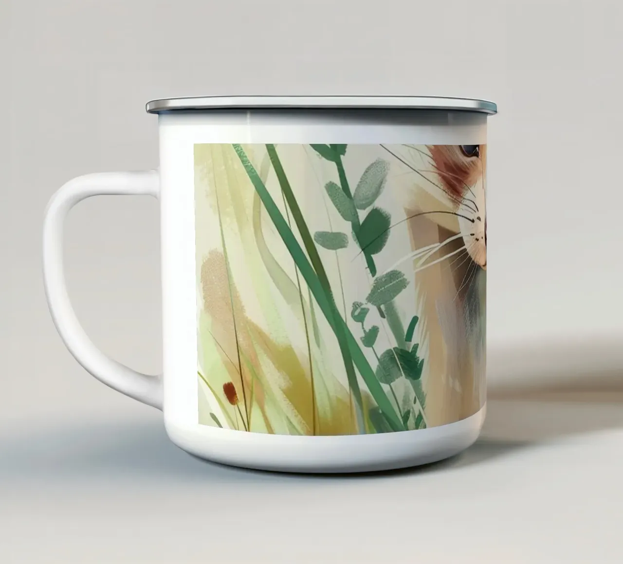 Una giovane e simpatica martora che esplora l'erba verde e lussureggiante tazza in smalto da DesignDoodle