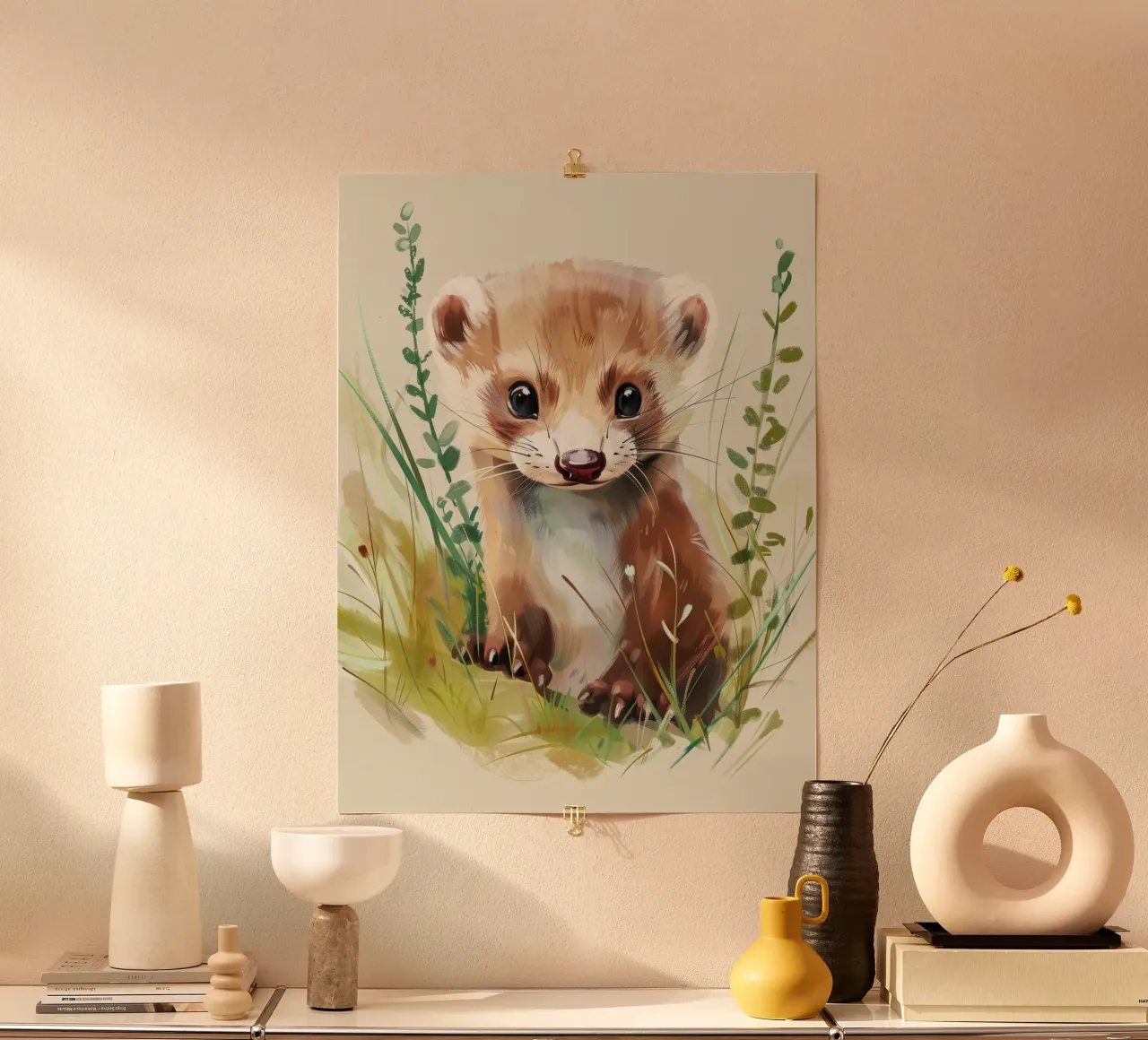 Una giovane e simpatica martora che esplora l'erba verde e lussureggiante poster da DesignDoodle