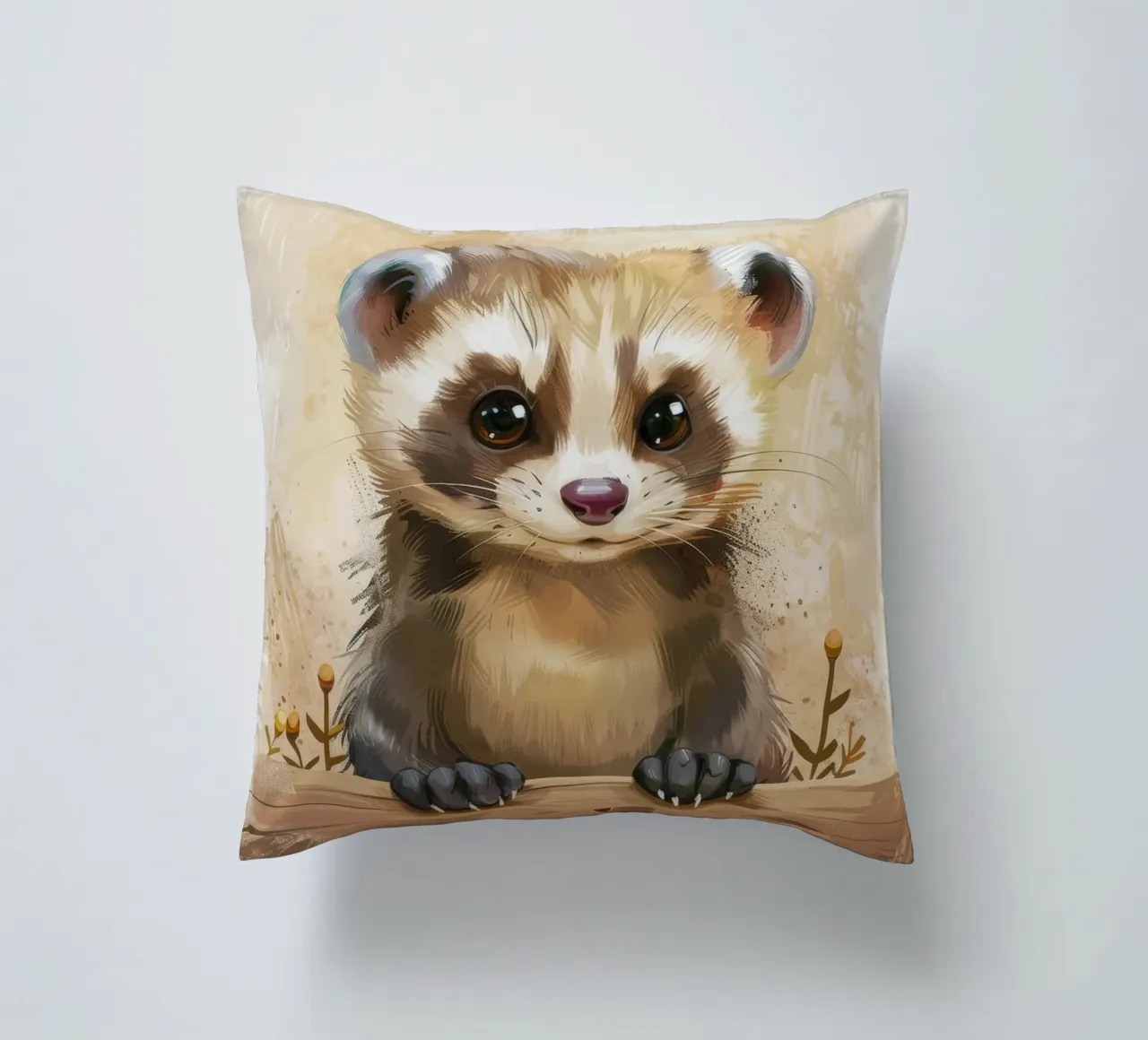 Cute and playful young animal looking curiously over a wood decorative cushion by DesignDoodle