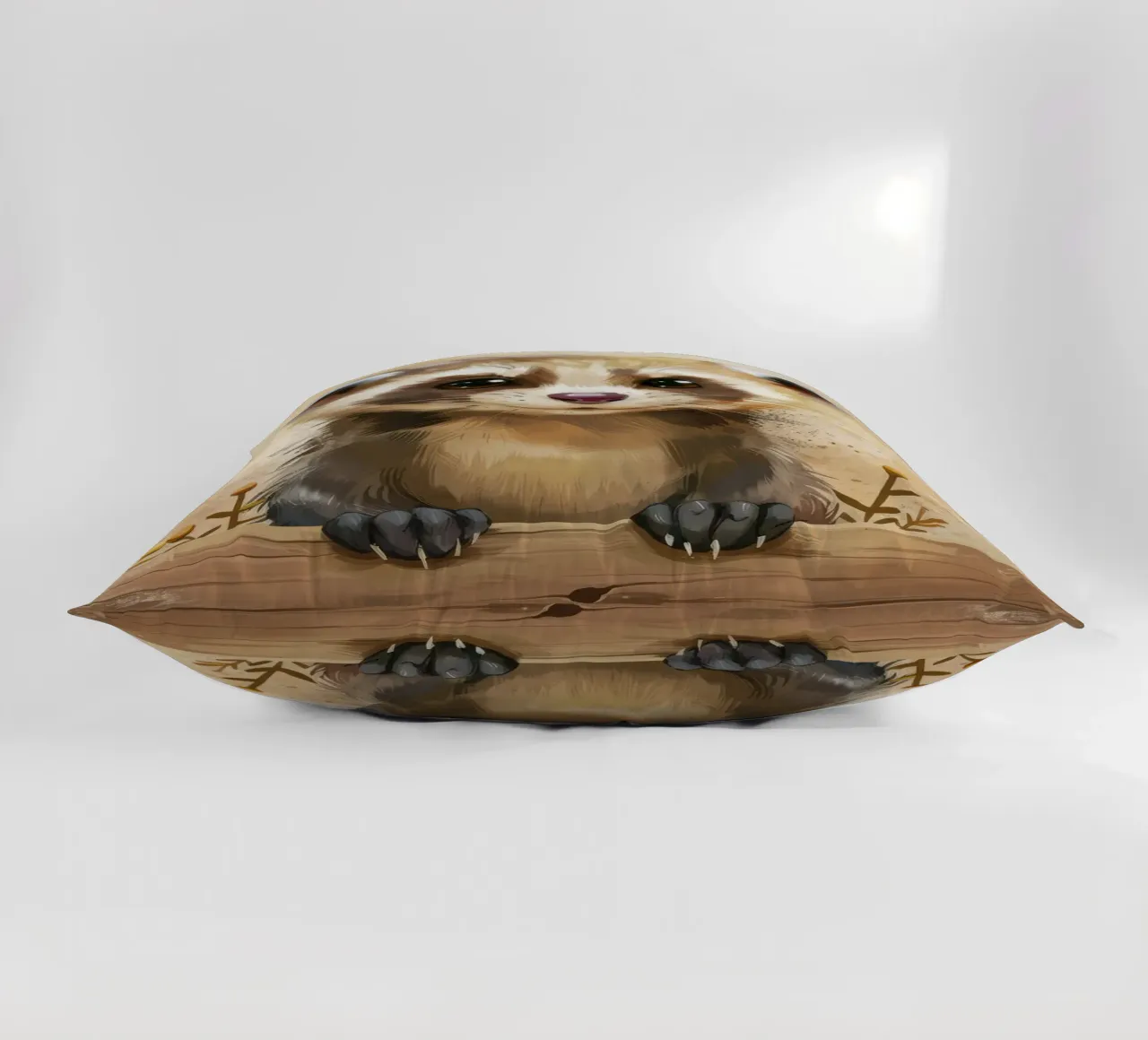 Cute and playful young animal looking curiously over a wood decorative cushion by DesignDoodle