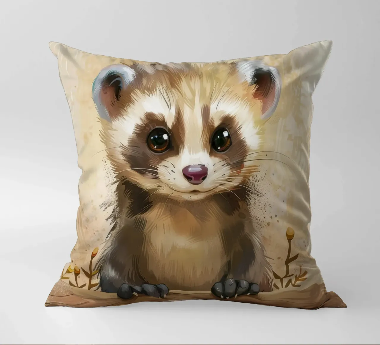Cute and playful young animal looking curiously over a wood decorative cushion by DesignDoodle