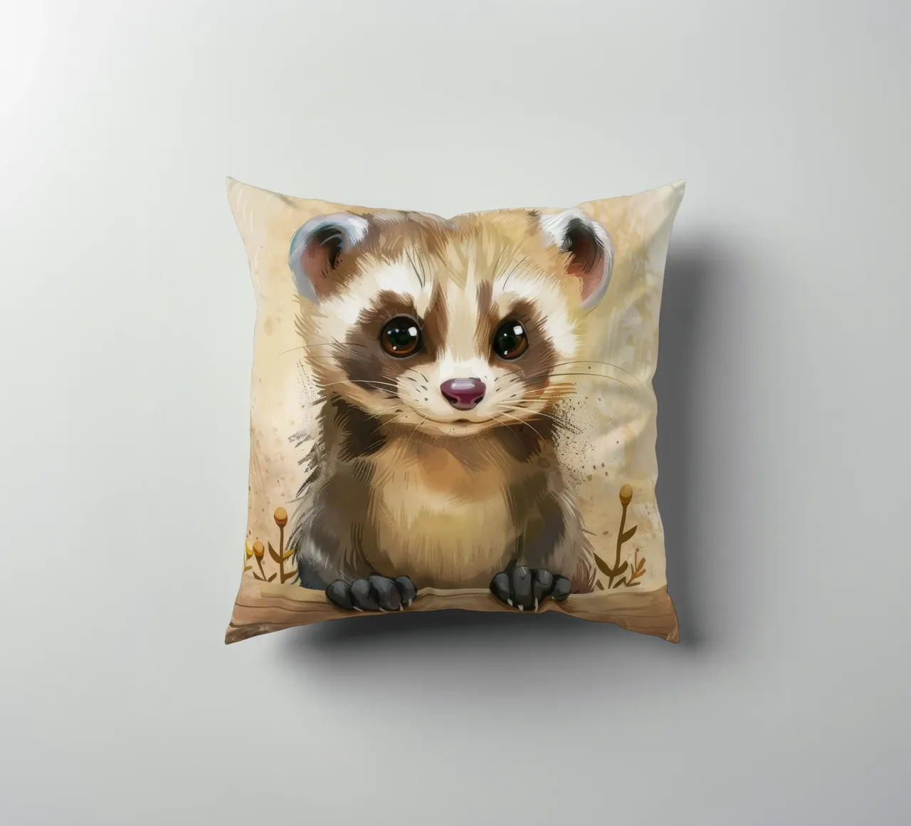 Cute and playful young animal looking curiously over a wood decorative cushion by DesignDoodle