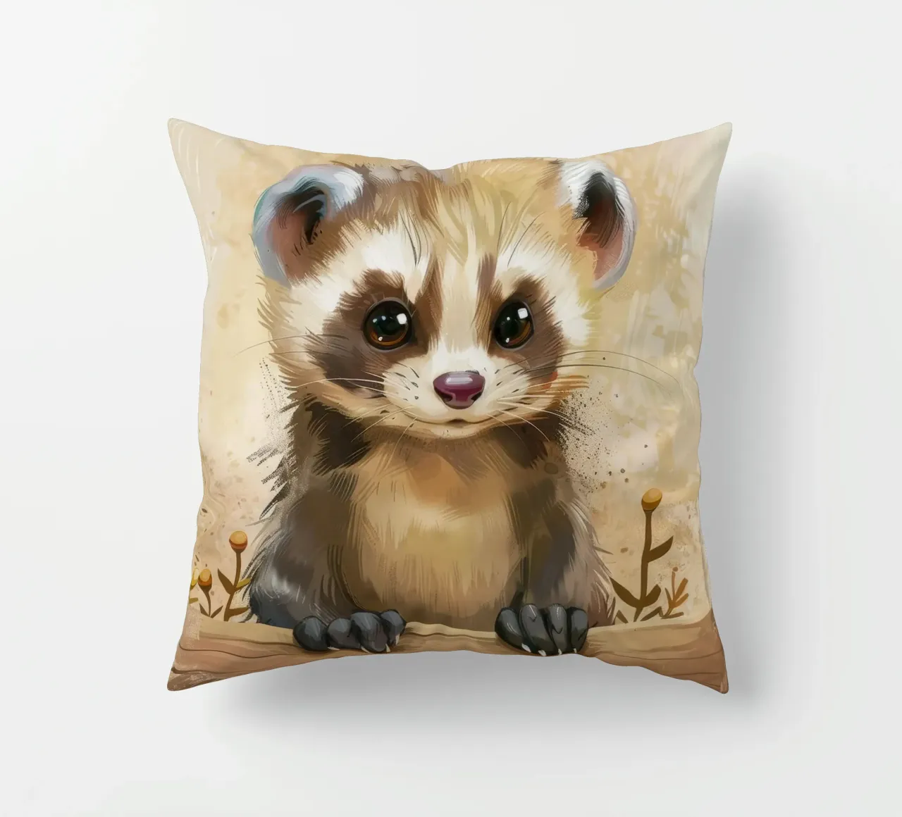 Cute and playful young animal looking curiously over a wood decorative cushion by DesignDoodle