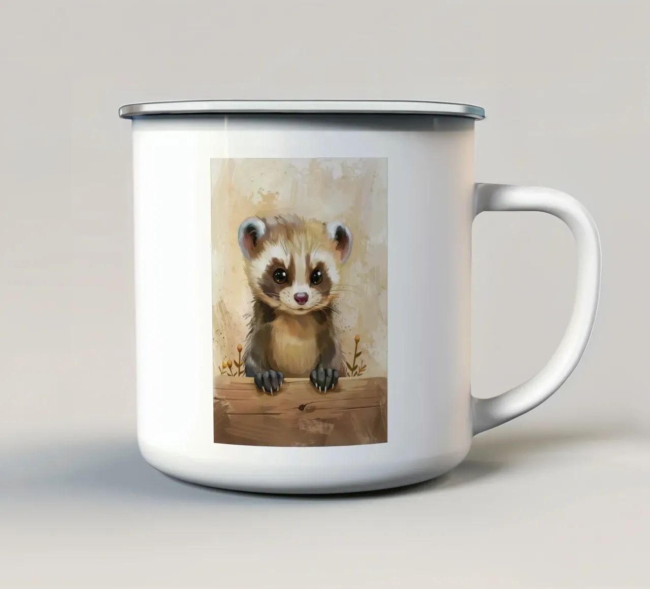 Giovane animale carino e giocoso che guarda con curiosità un bosco tazza in smalto da DesignDoodle