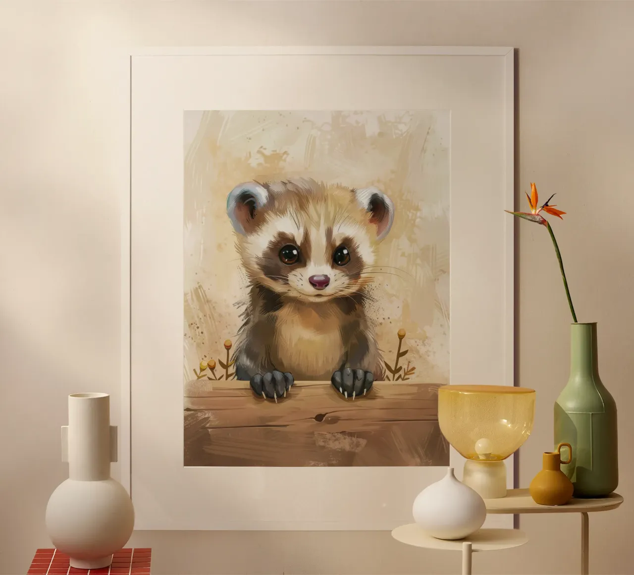 Giovane animale carino e giocoso che guarda con curiosità un bosco poster con telaio in alluminio da DesignDoodle