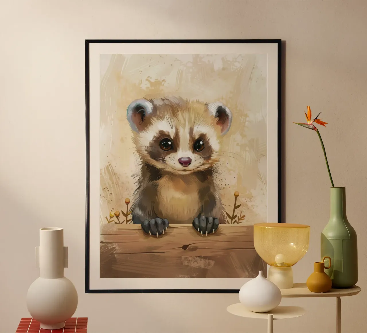 Giovane animale carino e giocoso che guarda con curiosità un bosco poster con telaio in alluminio da DesignDoodle