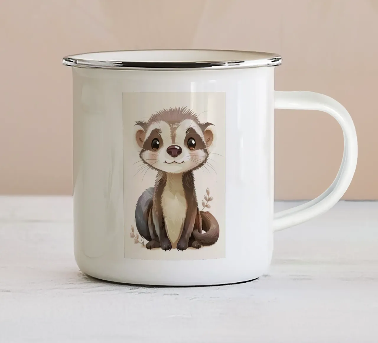 Simpatico furetto illustrato che siede con calma con un dolce espresso tazza in smalto da DesignDoodle