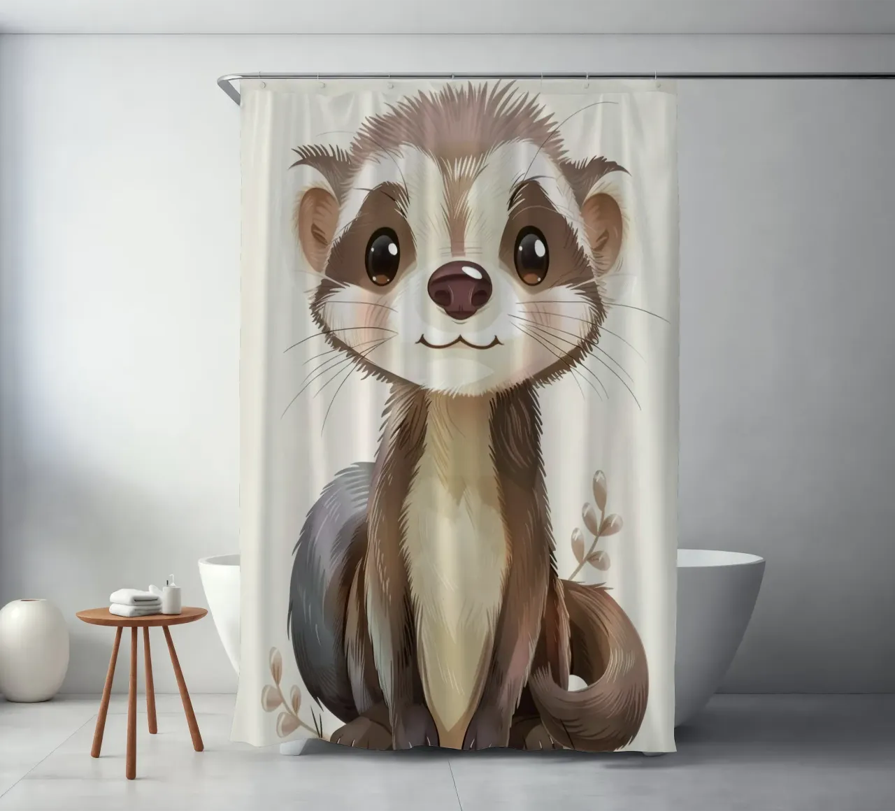 Simpatico furetto illustrato che siede con calma con un dolce espresso tenda da doccia da DesignDoodle