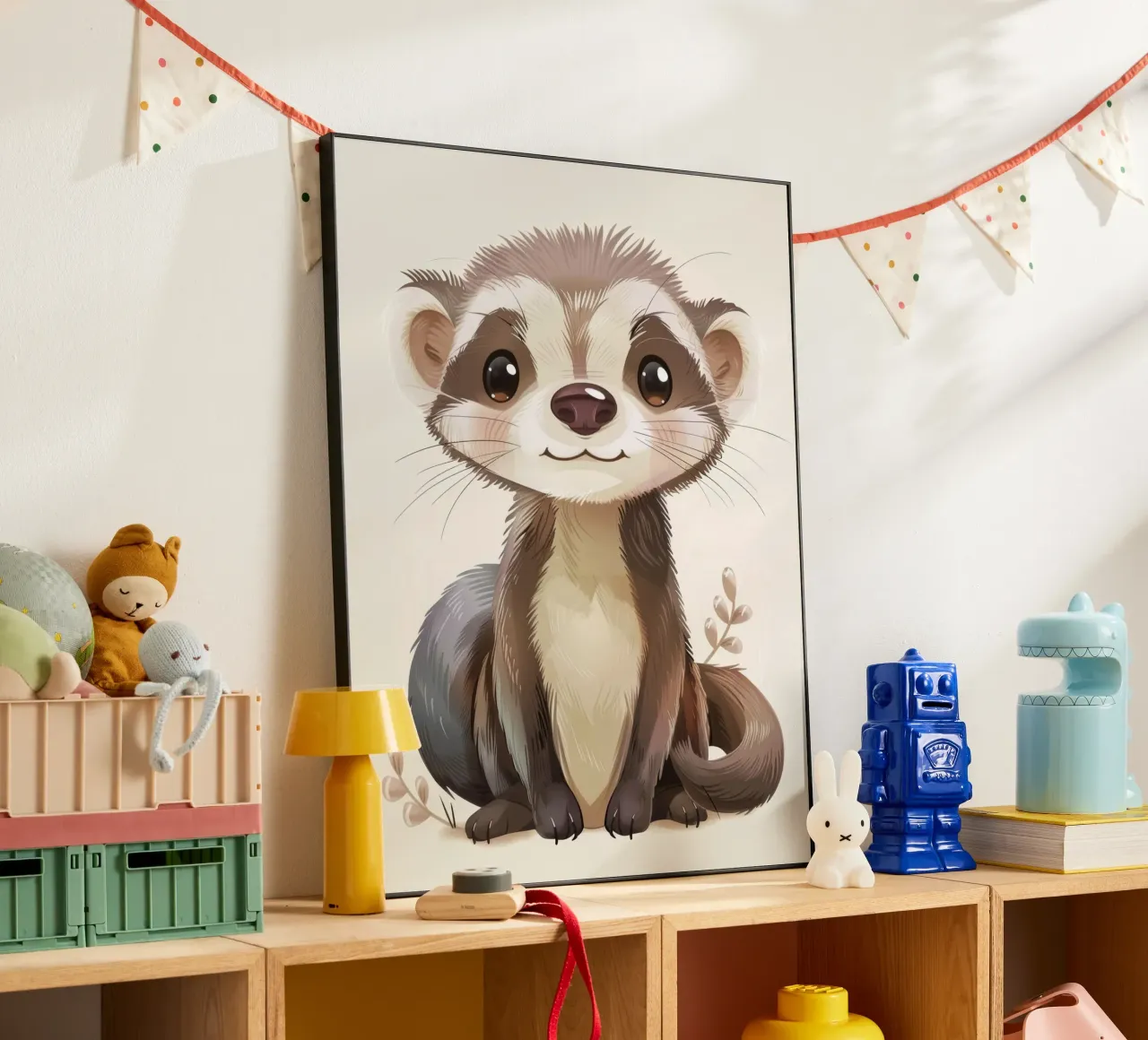 Simpatico furetto illustrato che siede con calma con un dolce espresso alluminio dibond da DesignDoodle
