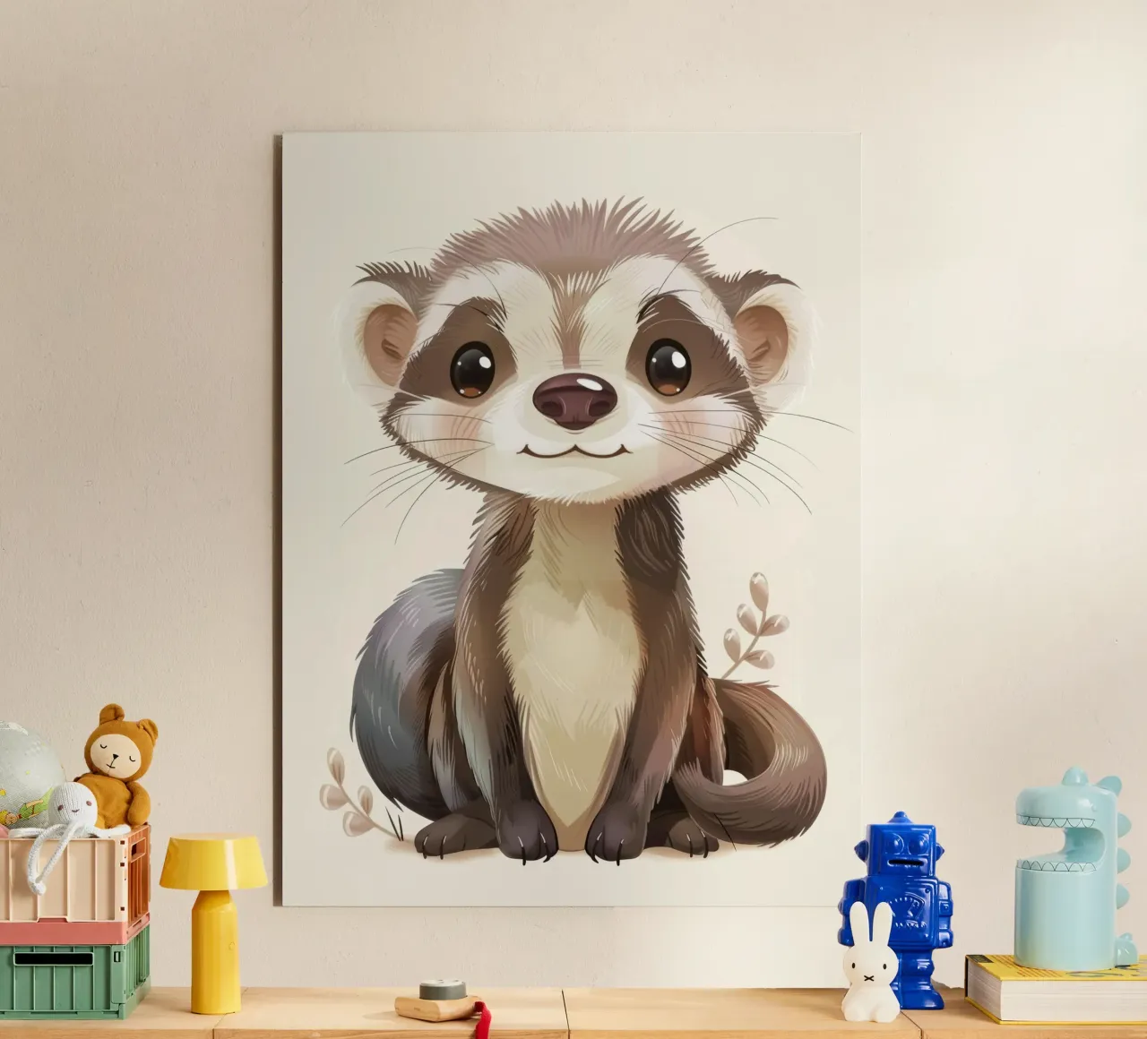 Simpatico furetto illustrato che siede con calma con un dolce espresso alluminio dibond da DesignDoodle