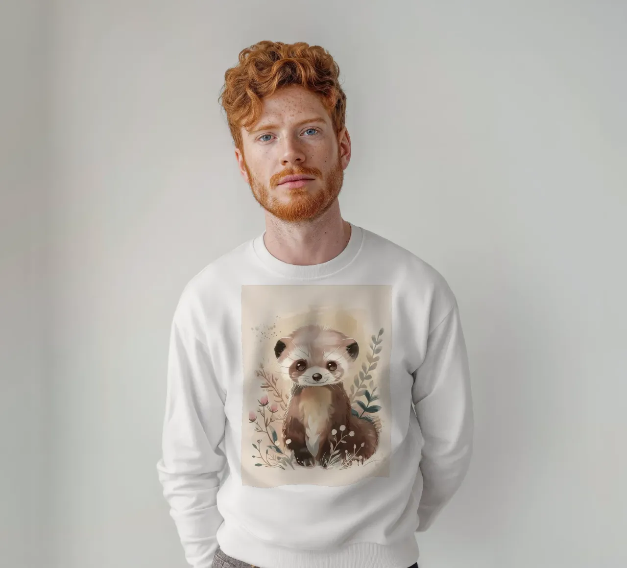 Simpatica illustrazione di un furetto giocherellone circondato da delicate felpa da DesignDoodle