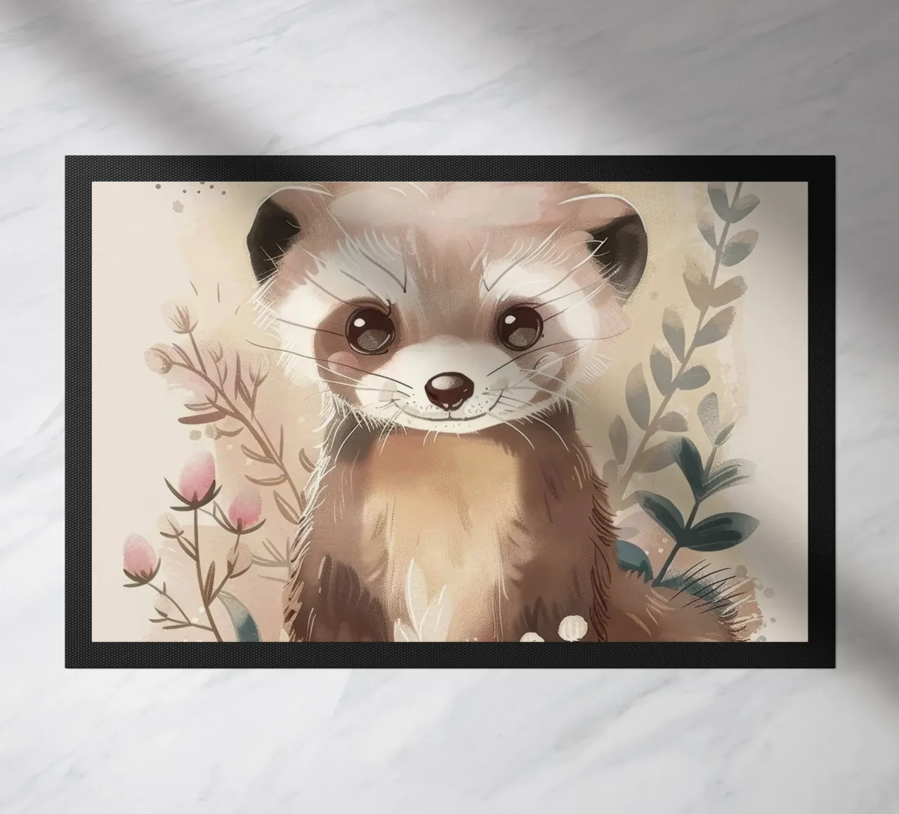 Simpatica illustrazione di un furetto giocherellone circondato da delicate zerbino da DesignDoodle