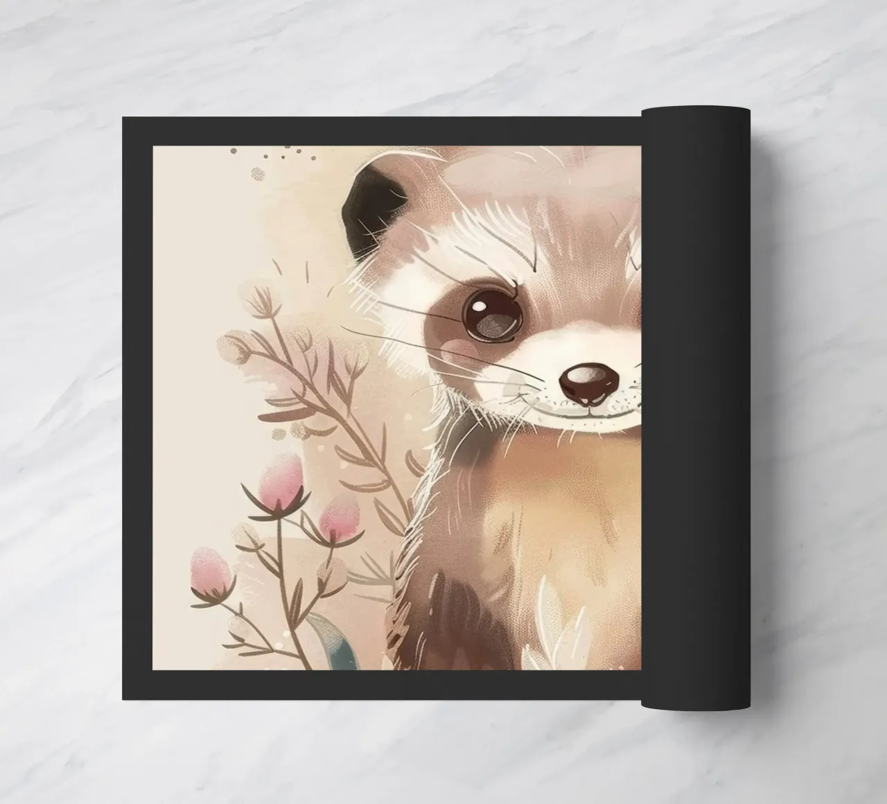 Simpatica illustrazione di un furetto giocherellone circondato da delicate zerbino da DesignDoodle