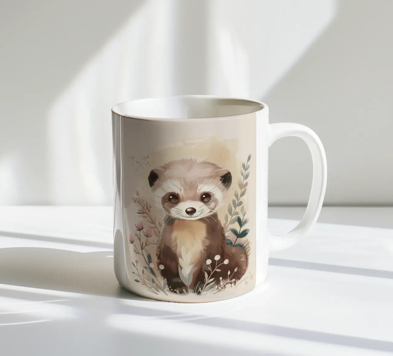 Simpatica illustrazione di un furetto giocherellone circondato da delicate tazza in ceramica da DesignDoodle