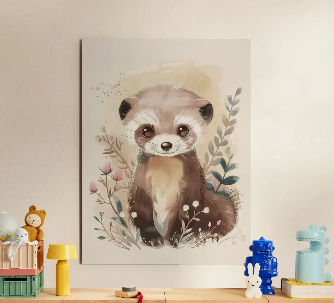 Simpatica illustrazione di un furetto giocherellone circondato da delicate alluminio dibond da DesignDoodle