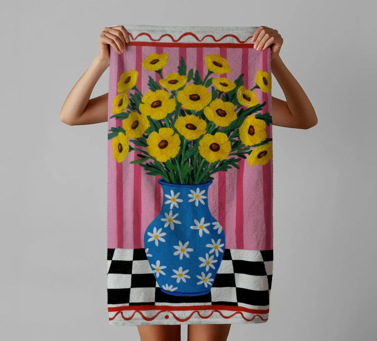 Vaso a scacchiera con girasole asciugamano da bagno da Lune Dreams