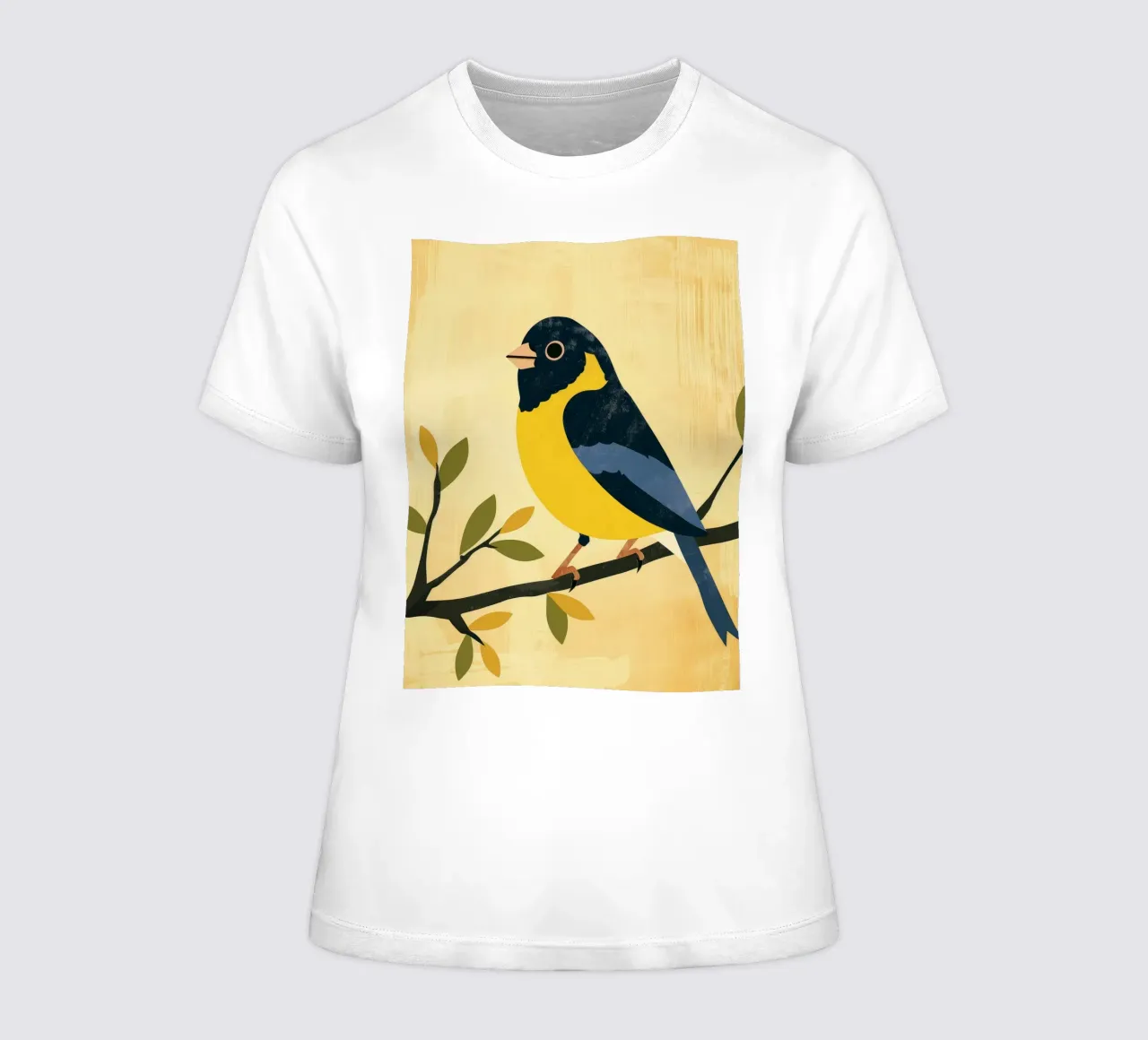 Gele en blauwe vogel neergestreken op tak met bladeren dames t-shirt getailleerd van DesignDoodle