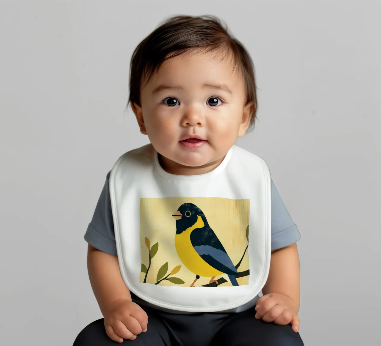 Gelber und blauer Vogel auf Zweig mit Blättern sitzend Babylätzchen von DesignDoodle