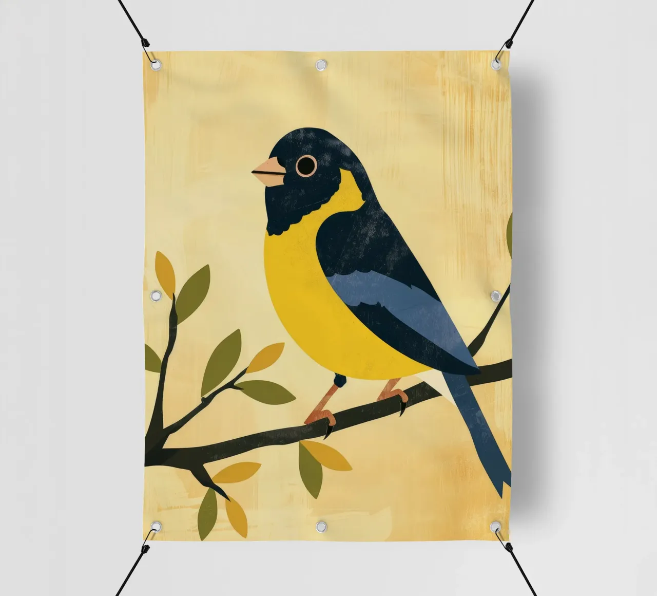 Gelber und blauer Vogel auf Zweig mit Blättern sitzend PVC Plane von DesignDoodle