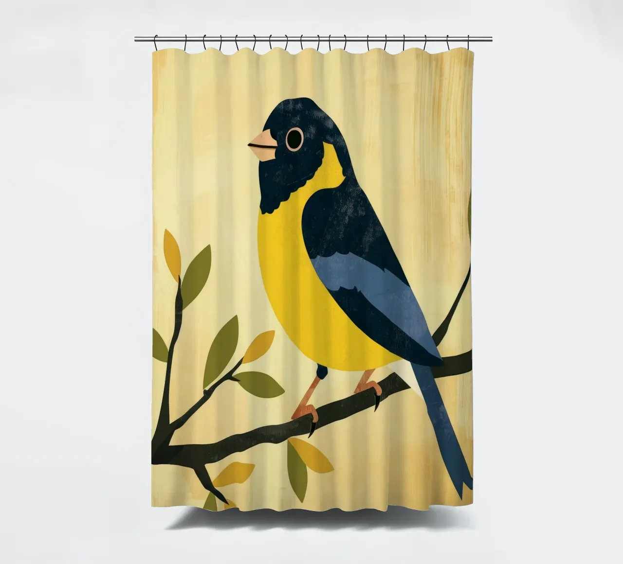 Gelber und blauer Vogel auf Zweig mit Blättern sitzend Duschvorhang von DesignDoodle