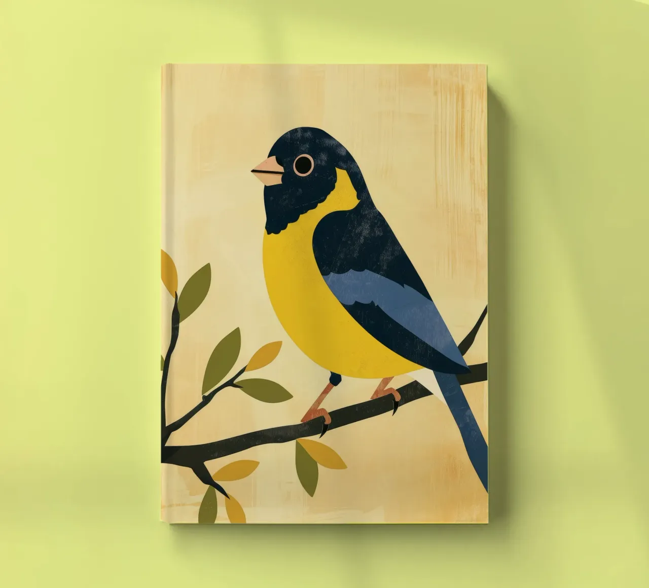 Yellow and blue bird perched on branch with leaves notebook by DesignDoodle