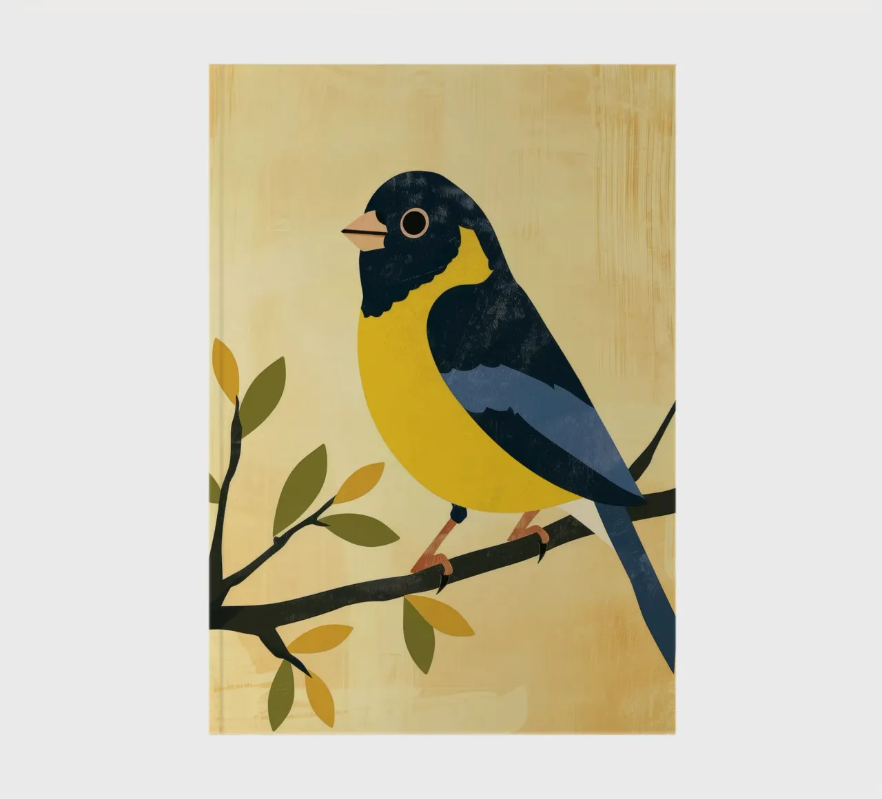 Yellow and blue bird perched on branch with leaves notebook by DesignDoodle