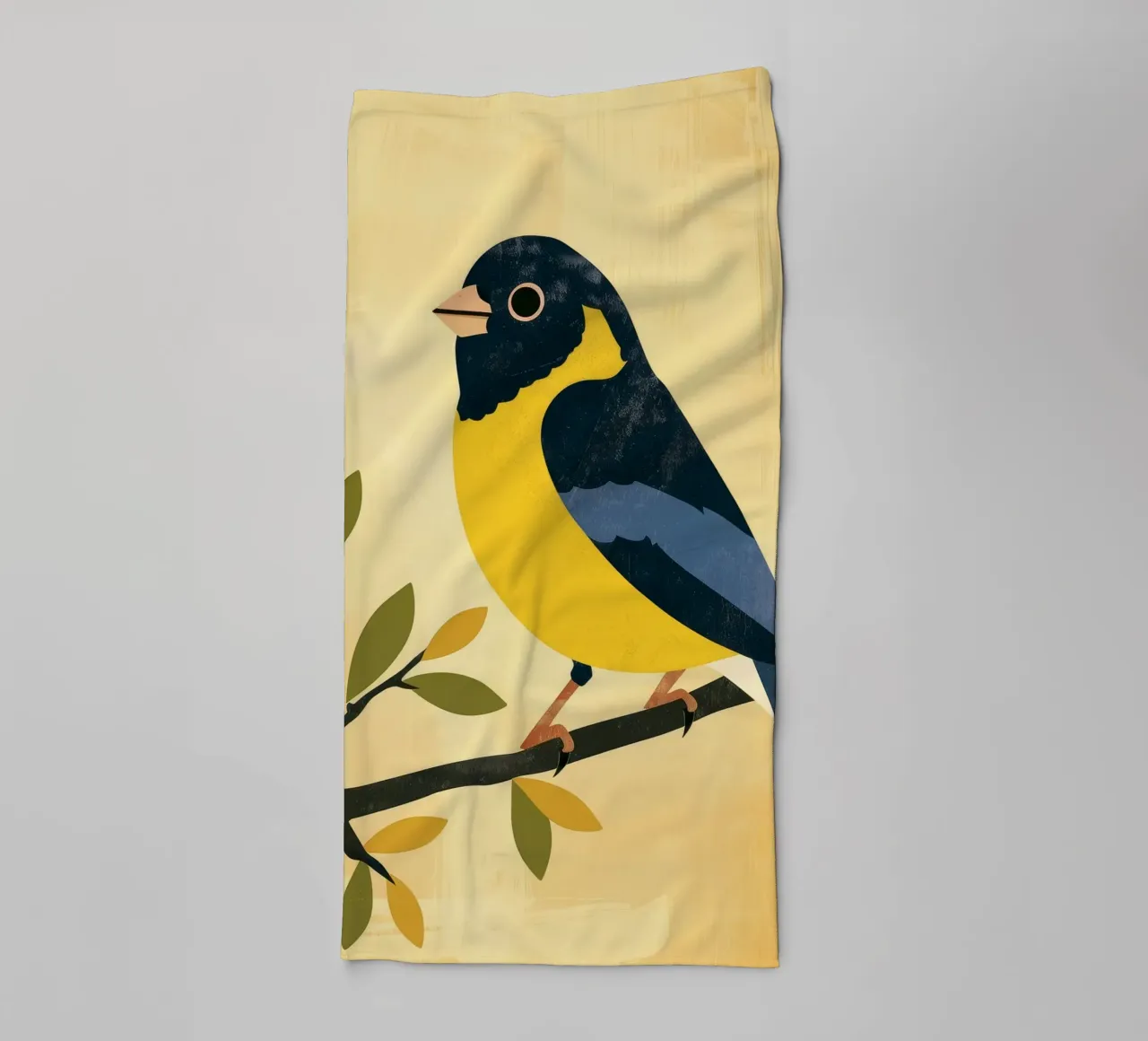 Yellow and blue bird perched on branch with leaves towel by DesignDoodle