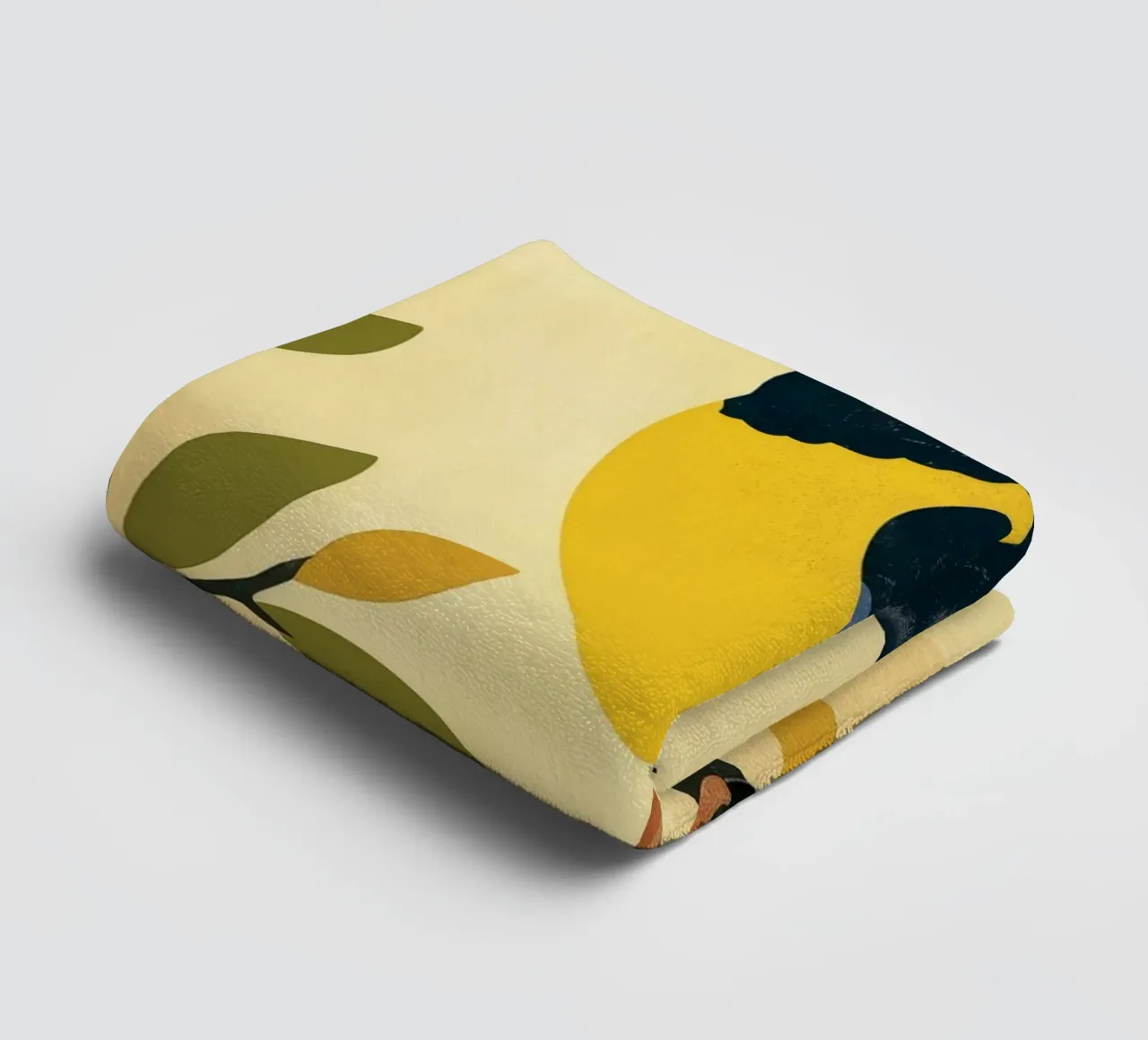 Yellow and blue bird perched on branch with leaves towel by DesignDoodle