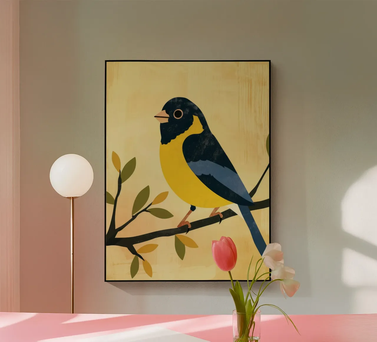 Gelber und blauer Vogel auf Zweig mit Blättern sitzend Acryl-Glas von DesignDoodle