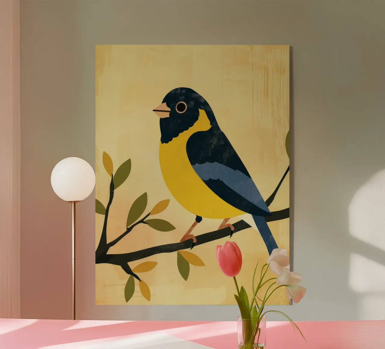 Gelber und blauer Vogel auf Zweig mit Blättern sitzend Acryl-Glas von DesignDoodle