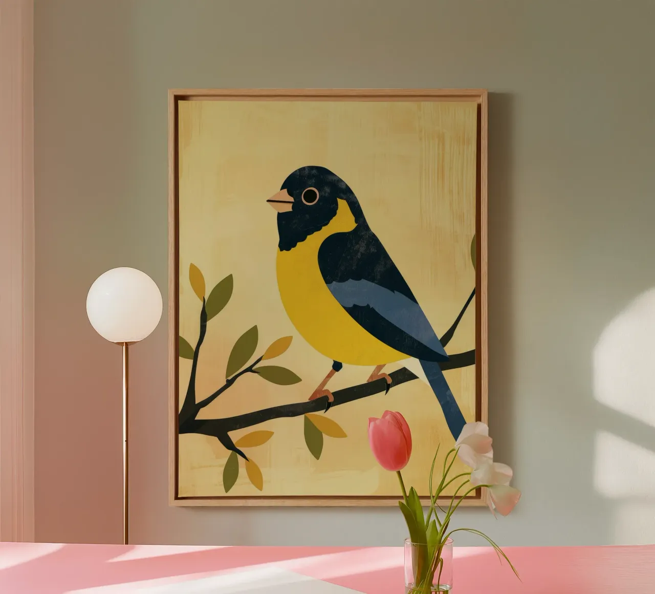 Yellow and blue bird perched on branch with leaves canvas with Floater frame by DesignDoodle