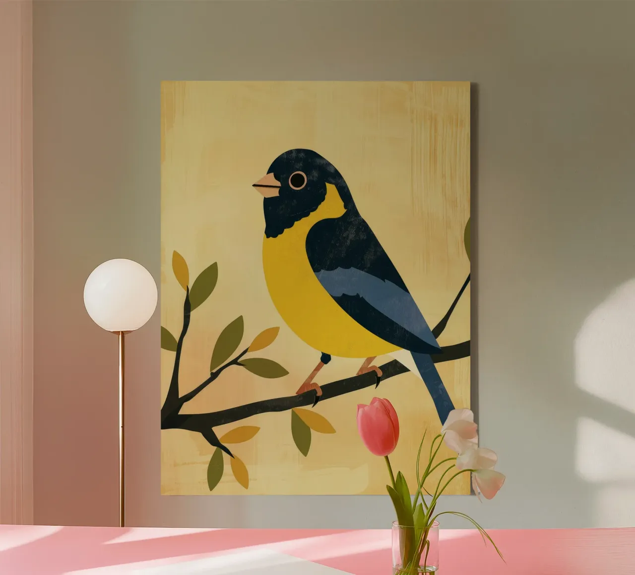 Yellow and blue bird perched on branch with leaves canvas with Floater frame by DesignDoodle