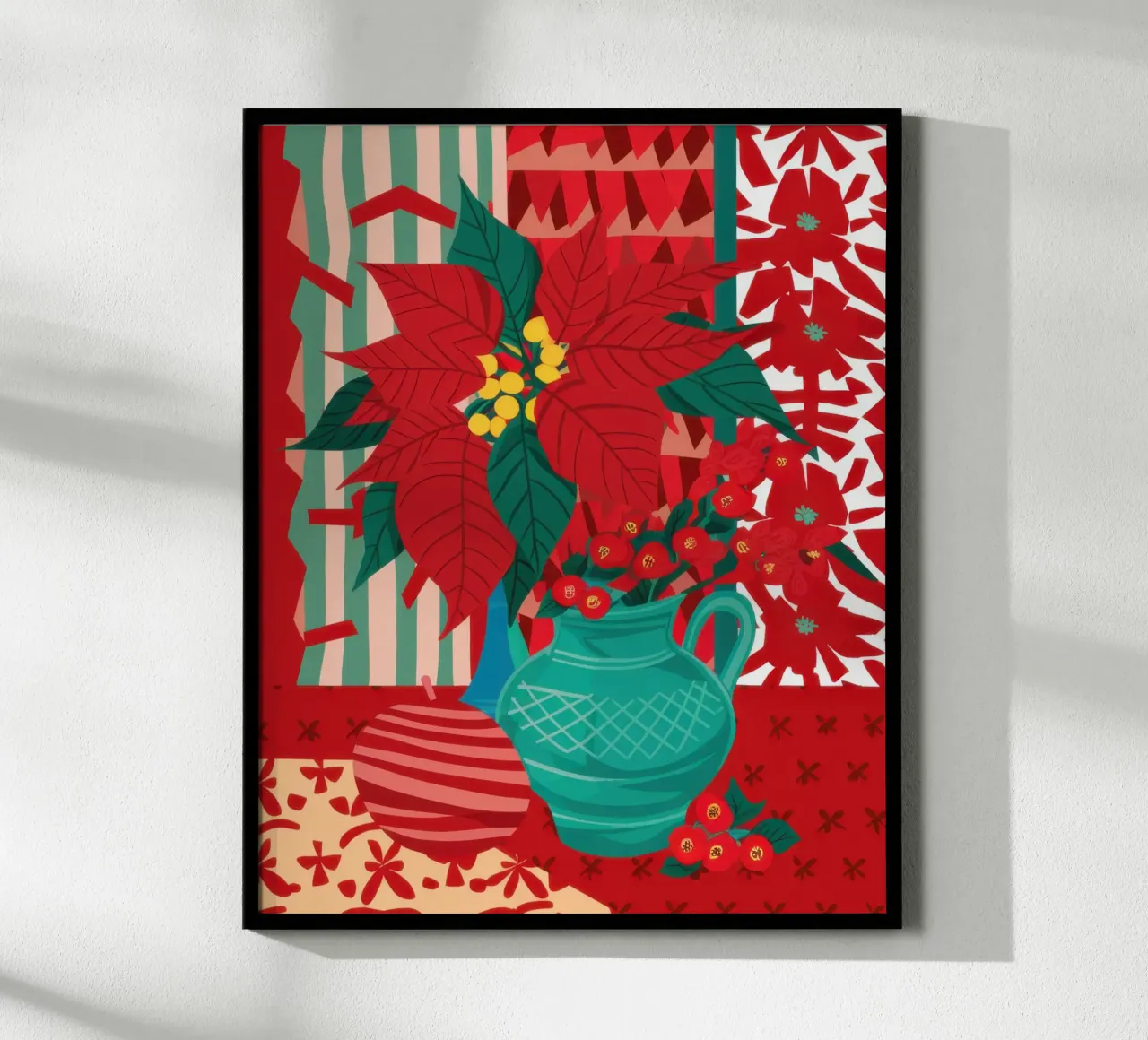 Festive Poinsettia Pop poster con telaio in legno da Arcane Lines