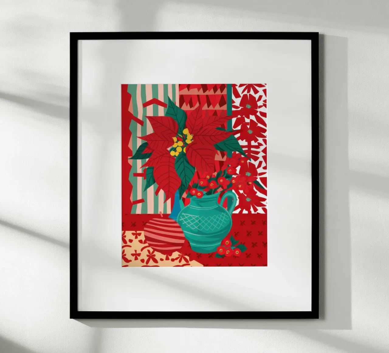 Festive Poinsettia Pop poster con telaio in legno da Arcane Lines